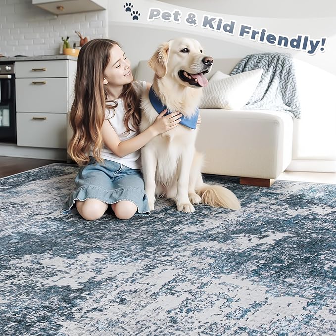 Area Rugs 6x9 for Living Room: Washable Rug Modern Abstract Neutral Soft Non-Slip Low-Pile Indoor Carpet for Bedroom Dining Room Playroom Home Office (Blue Grey, 6'x9')