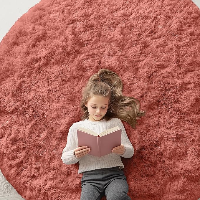 OLANLY Rust Red Round Rugs for Bedroom - Machine Washable, 6 ft Circle Area Rugs for Living Room, Soft and Fluffy Shaggy Carpet for Teen Girl and Boys, Nursery Rooms, Dorms, Home Decor Aesthetic