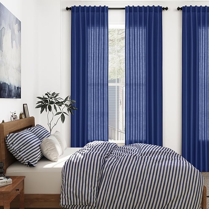 Nanspring Classic Blue Linen Curtains 102 Inches Long Rod Pocket Back Tab Drapes 2 Panels Set for Living Room Bedroom Light Filtering Semi Sheer Classic Blue Curtain 102 Length for Patio Door 52x102