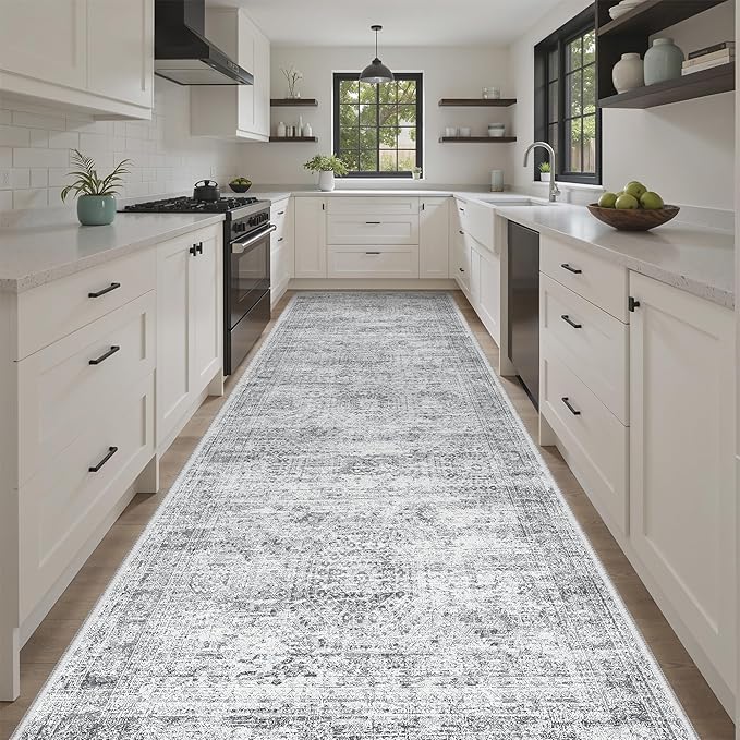 4x10 Wide Hallway Runner Rug: Washable Soft Rug Runners for Living Room Bedroom Ktichen, Stain Resistant Low Pile Area Rugs Non Slip Floor Carpet (Grey, 4x10)