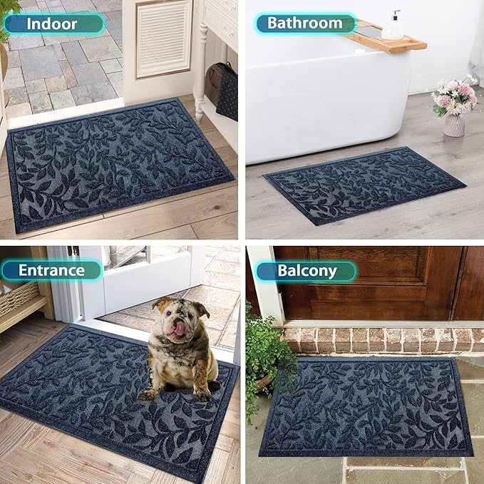 Bulijojo Sturdy Front Entrance Doormats,Durable Heavy Duty Welcome Mat,Thick Absorbent Natural Rubber Non Slip Mat,Easy Clean Entryway Mat Leaves Blue 23"x35"
