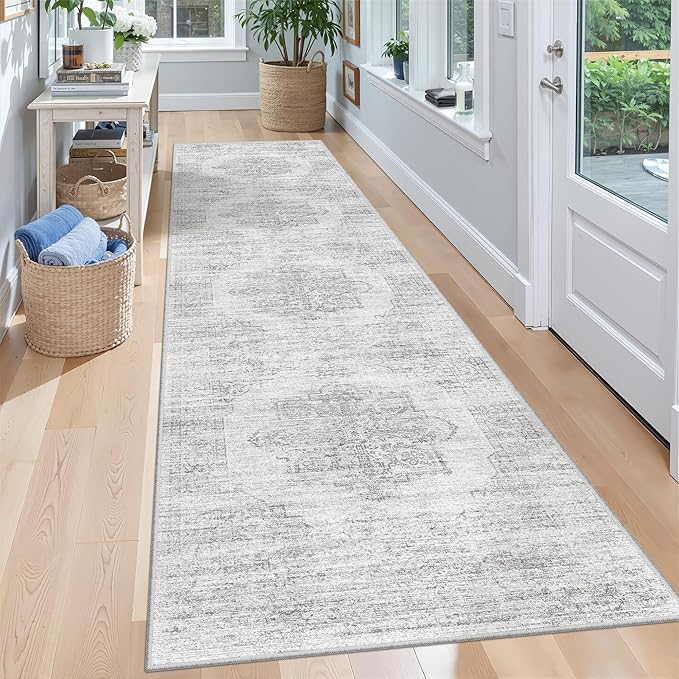 2x8 Runner Rug, Washable Runners for Hallways wirh Rubber Backing, Stain Resistant Kitchen Rug, Soft Thin Carpet Runner for Entrance, Bedroom, Living Room Indoor(2'x8', Light Grey/White)