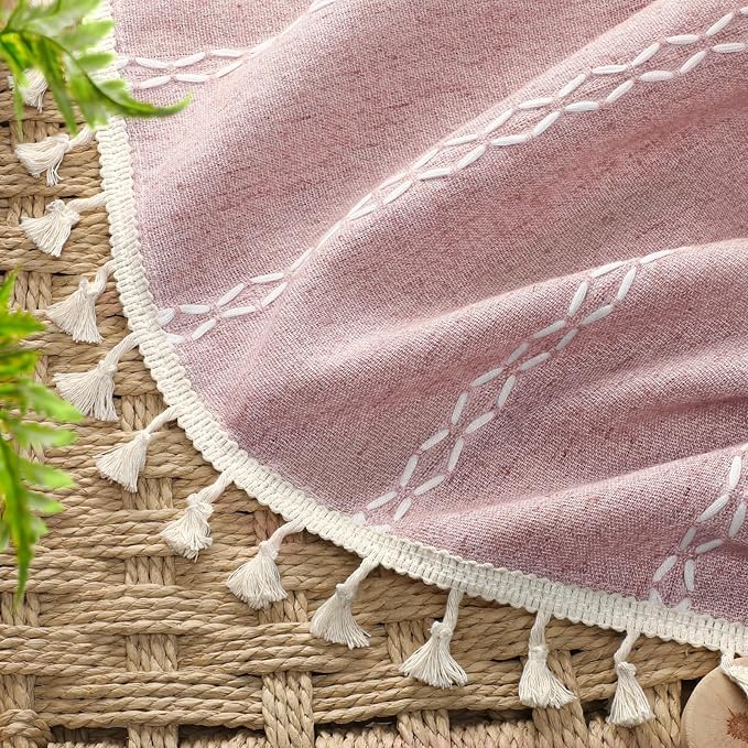 Boho Blackout Curtains 2 Panels 84 Inch for Living Room Bedroom,Pink Linen Texture Farmhouse Curtains with Tassels and Cotton Embroidery Vintage Rustic Western Rod Pocket