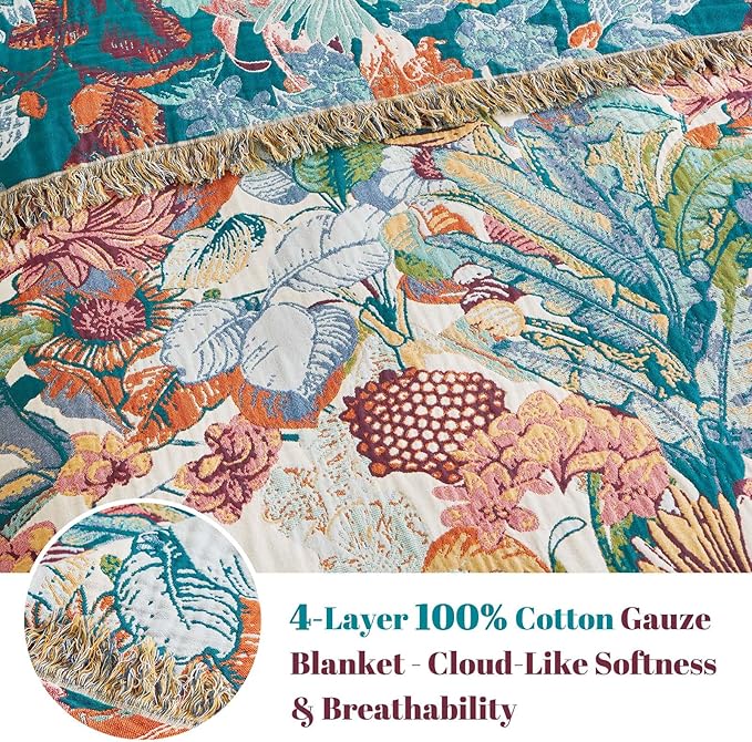 MSGKV Boho Throw Blanket for Bed Couch 100% Cotton Blanket 60"x80" Spring Breathable Farmhouse Lightweight Muslin Blankets Home Decor