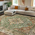 RELEANY Area Rugs 7'x10' Washable Non-Slip, Floral Vintage Distress Print Pattern Medallion Carpet for Living Room Bedroom Dining Room, Brick Red Rust Neutral Brown Burnt Orange Green