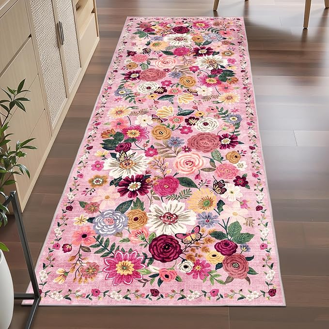 Rug for Hallways Kitchen Rug 3x7, Non Slip Washable Rugs with Rubber Backing Soft Floral Carpet Runner for Hallways, Kitchen, Laundry, Bedroom, Bathroom(3 x 7, Pink Garden)