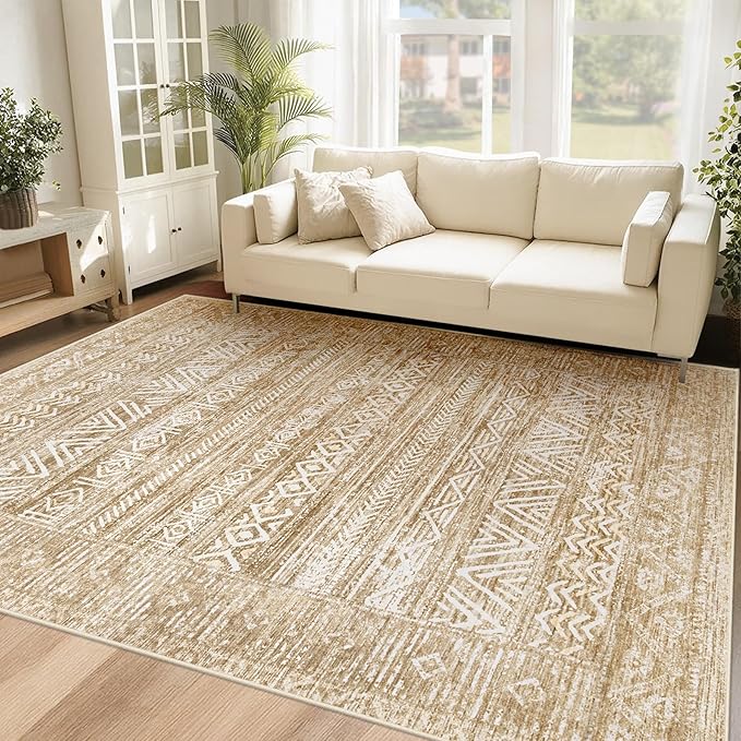 Washable Area Rug 5x7: Moroccan Rug for Living Room Geometric Boho Rug Farmhouse Non Slip Stain Resistant Rugs Low Pile Soft Carpet for Bedroom Dining Room Home Office Kids Room (Light Brown,5'x7')
