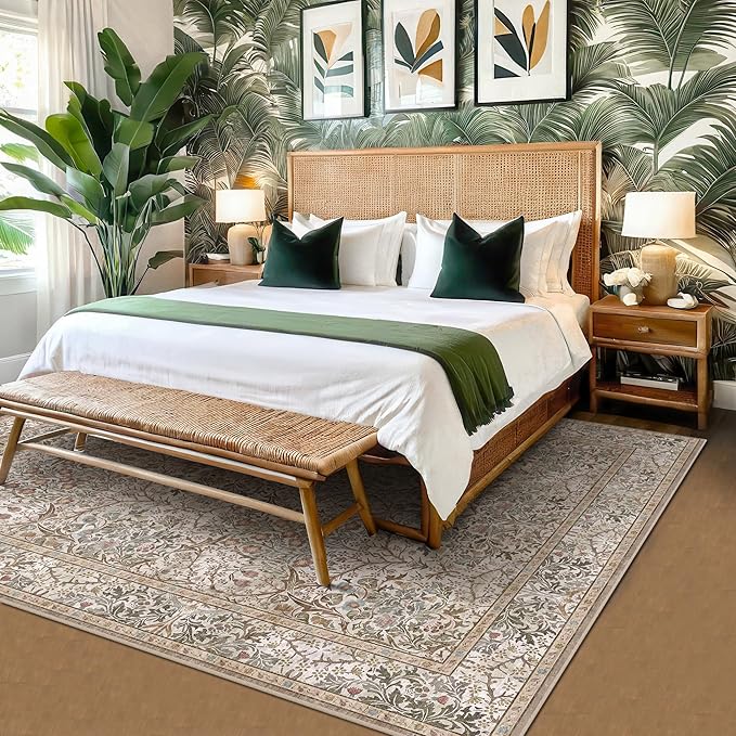 Dining Room Rugs for Under Table - 6x8 Washable Moss Green Area Rug for Living Room, Low Pile Non-Slip Floor Carpet for Bedroom - Vintage Olive Taupe Design & Stain Resistance