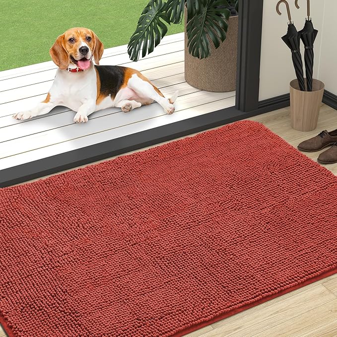 OLANLY Dog Door Mat for Muddy Paws 47x32, Absorbs Moisture and Dirt, Absorbent Non-Slip Washable Doormat, Quick Dry Chenille Mud Mat for Dogs, Entry Indoor Entryway Carpet for Inside Floor, Maple Red