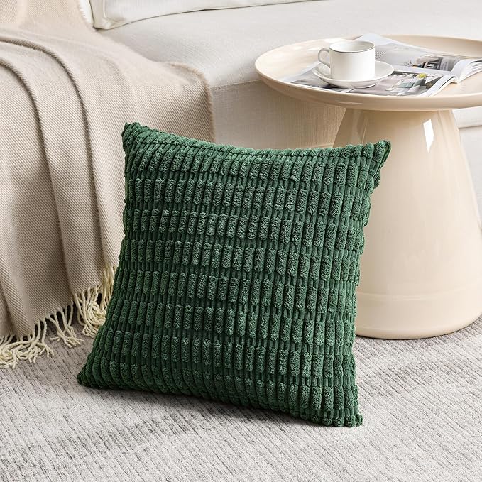 Fancy Homi 4 Packs Hunter Green Decorative Throw Pillow Covers 16x16 Inch for Couch Bed Sofa, Forest Green Boho Home Decor, Soft Plush Corduroy Cute Emerald Green Square Cushion Case 40x40 cm