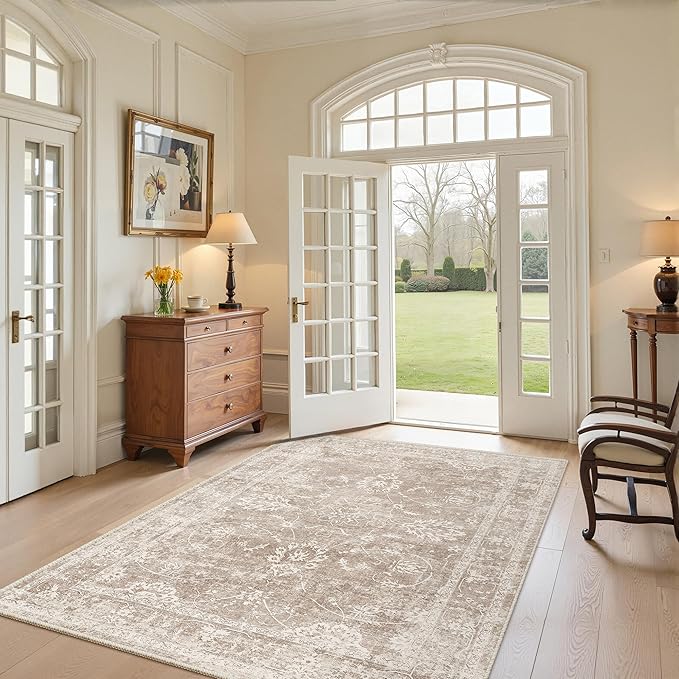 Madane Washable Area Rug 4x6, Low Pile Stain Resistant Vintage Area Rugs, Non Slip Accent Rug Floral Print Indoor Mat for Entryway Living Room Kitchen Bedroom, Brown/Sand