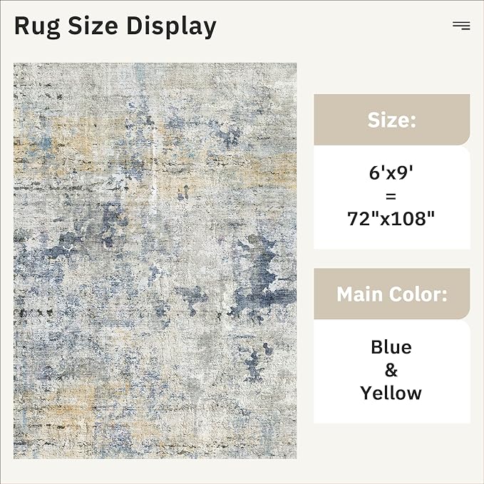 Soalmost 6x9 Abstract Area Rugs for Living Room 6 x 9 Washable Non Slip Low Pile Gray Rugs for Bedroom Dining Room Foldable Thin Blue Yellow