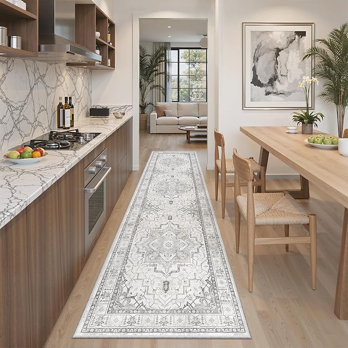 Madane Runner Rug 2x8, Washable Hallway Runner Rugs, Non-Slip Low-Pile Soft Kitchen Rug Runner Laundry Room Rug, Vintage Throw Entry Foyer Mat for Entrance Living Room (Grey, 2 x 8)