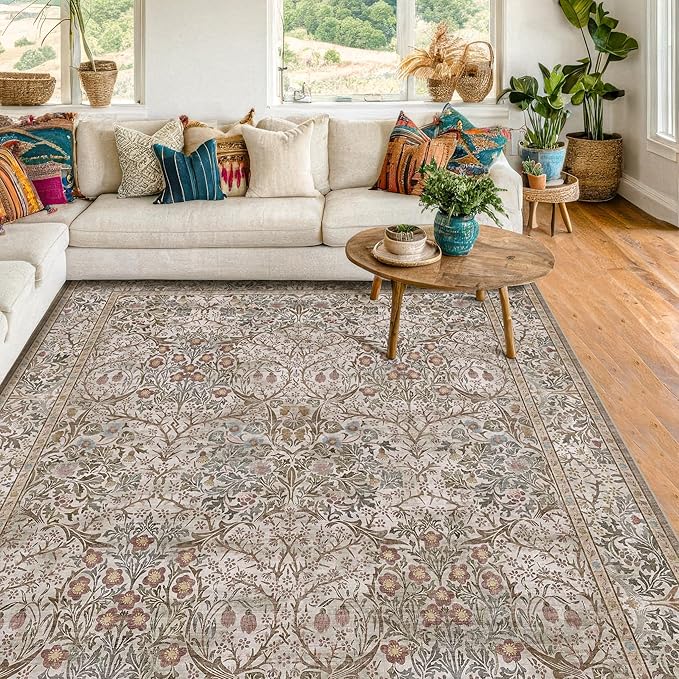 Dining Room Rugs for Under Table - 5x8 Washable Moss Green Oriental Area Rug for Living Room, Low Pile Non-Slip Floor Carpet for Bedroom - Vintage Brown Design & Stain Resistance
