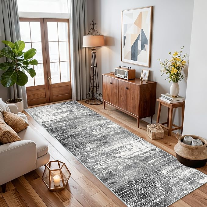 Washable 2X10 Kitchen Area Rug: Entryway Abstract Rug Runner Soft Bedroom Besides Floor Mat Non-Slip Indoor Farmhouse Carpet for Bathroom Living Room Stain Resistant Runner for Family(2x10,Black/Grey)