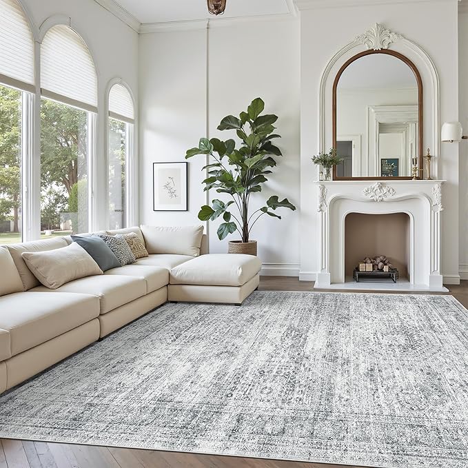 Washable Area Rug 8x12, Large Soft Rugs for Living Room Vintage Grey Carpet 8x12 Area Rugs for Bedroom Dining Room Non-Slip Stain Resistant Under Table Rug