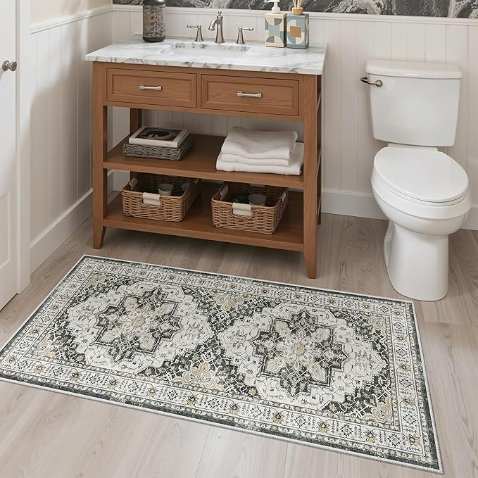 Madane Washable Area Rug 2x4, Small Entryway Rug Non-Slip Vintage Door Mat Indoor Entrance, Low Pile Floor Carpet Runner for Inside Front Door Kitchen Entry Laundry, Black