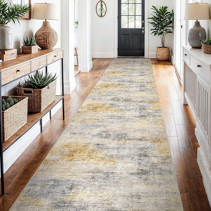2'6''x14' Washable Kitchen Runner Rug: Modern Abstract Runners for Hallway Soft Non Slip Rugs with Rubber Backing Low Pile Thin Floor Carpet for Entryway Bedroom Bathroom Indoor(Grey/Yellow,2'6''x14')