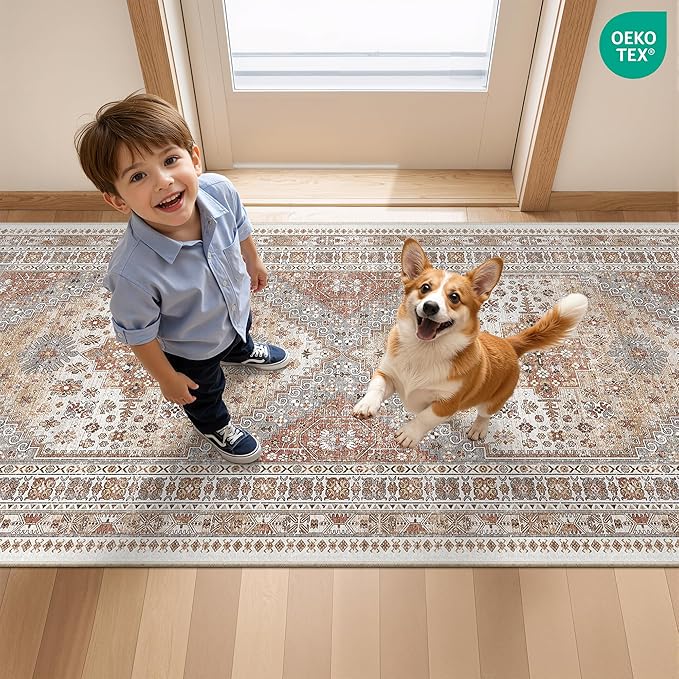 Runner Rug 2x8 Runners for Hallways Non Slip Washable, Vintage Hallway Runner Rugs for Living Room, Low Pile Soft Hallway Rug for Kitchen Bedroom Laundry Room Rug(Orange,2'x8')