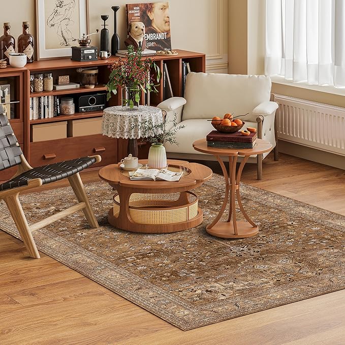 Washable Area Rug 3' x 5 ' Vintage Traditional Persian Mat - Foldable Distressed Non-Slip Machine Washable Carpet for Living Room Bedroom Kitchen Home Decor - Bronze and Ivory