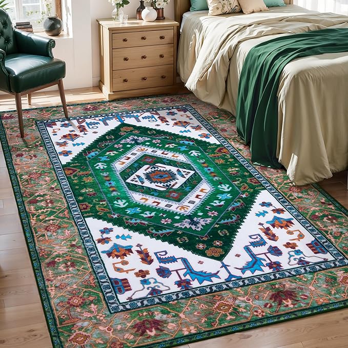 SERISSA Area Rug 3x5 Boho Rugs for Bedroom, Washable Non-Slip Living Room Rug, Ultra Soft Print Distressed Vintage Green White Rug Low-Pile Throw Carpet for Entry Kitchen Bedroom Nursery Dorm Decor