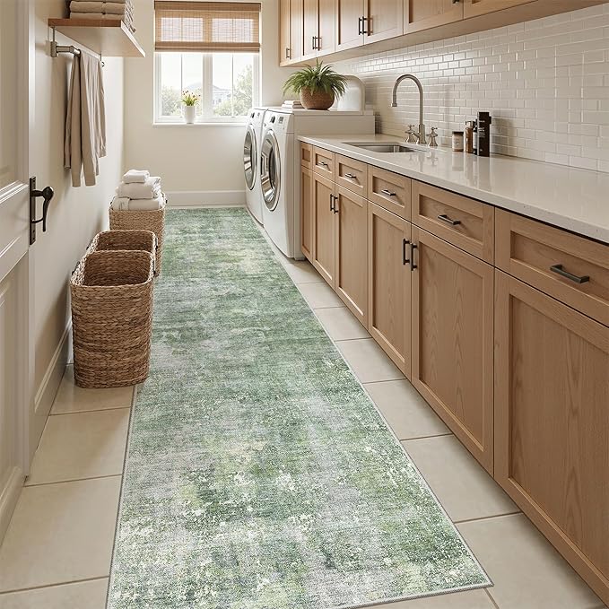 Runner Rug 2x12 Washable Non-Slip Hallway Runner Rugs for Kitchen Bathroom Laundry Room Green/Ivory Vintage Floor Carpet Runners for Hallways Entryway