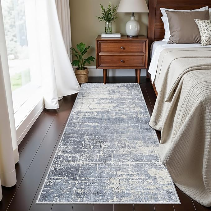 Washable 2x5 Abstract Hallway Runners: Indoor Water Resistant Kitchen Sink Rug Soft Living Room Bedroom Carpet Thin Low Pile Non Slip Floor Mat for Bathroom Entrance Laundry Room(2X5,Blue/Ivory)