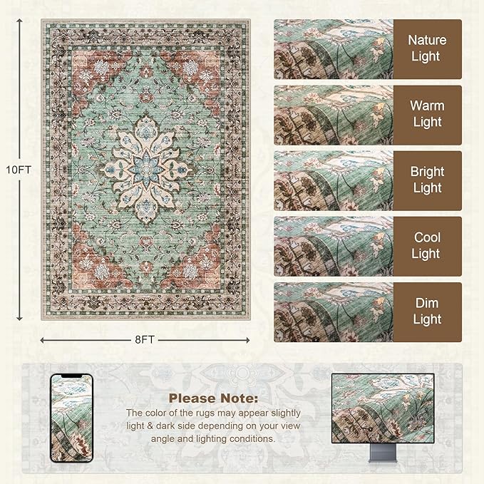 8x10 Area Rugs for Living Room: Washable Rug Soft Vintage Distressed Floral Carpet Indoor Floor Non-Slip Stain Resistant Large Carpets for Bedroom Dining Room Farmhouse Nursery Home Office Brown Green
