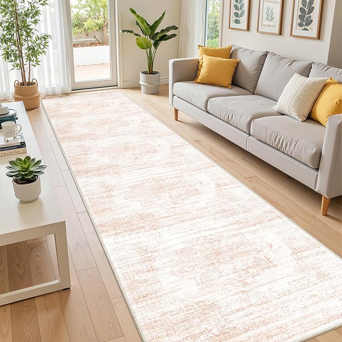 2x10 Runner Rug, Long Hallway Rugs for Dining Room, Living Room, Bedroom, Machine Washable Kitchen Carpet Runner with Rubber Backing, Soft Low Pile Indoor Rug(2'x10', Pink/White)