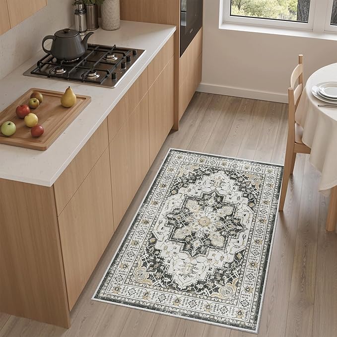 Madane Washable Area Rug 2x3, Small Entryway Rug Non-Slip Vintage Door Mat Indoor Entrance, Low Pile Floor Carpet for Inside Front Door Bedroom Kitchen Entry Laundry (2'x3', Black)