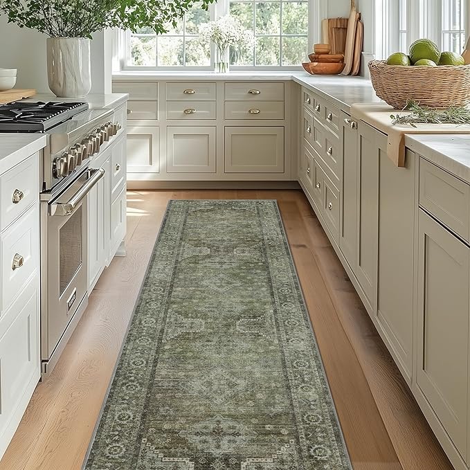 BEIMO Runner Rug for Hallway Kitchen, 2x5 Machine Washable Runners Rug for Entryway, Soft Modern Boho Throw Rugs, Low Pile Floor Cover with Non Slip Backing, Distressed Light Greyish Sage Green
