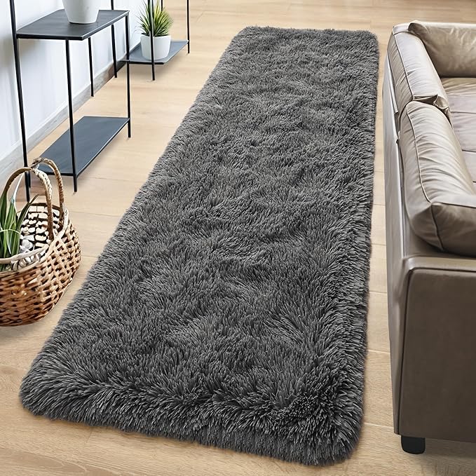 Tepook Fluffy Runner Rugs for Bedroom Aesthetic 2x6 Feet, Shag Soft Bedside Rug with Non-Slip Bottom, Fuzzy Plush Carpet for Room, Hallway Rug for Nursery Dorm Indoor Home Decor, Dark Grey