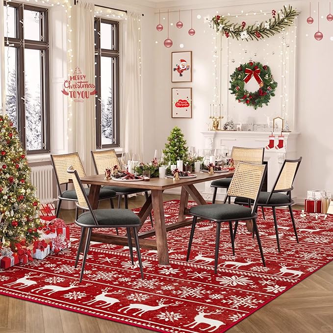 Christmas Rug 6x9 Washable Rugs, Boho Christmas Tree Snowflake Rug Non-Slip Soft Low Pile Non Shedding Indoor Holiday Carpet for Living Room Bedroom Dining Room Home Office (XmasRed, 6'x9')