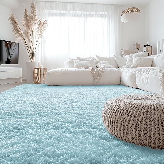 OLANLY 8x10 Machine Washable Large Area Rugs for Living Room, Bedroom, Soft Fluffy Shaggy Bedside Rug, Indoor Floor Carpet for Kids Girls and Boys, Dorms, Nursery, Home Decor Aesthetic, Light Blue
