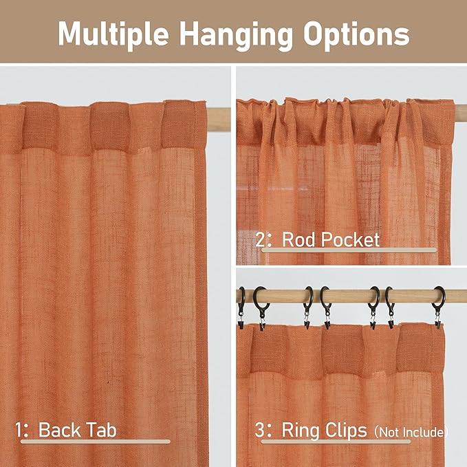 LAMIT Burnt Orange Linen Curtains for Bedroom, 72 Inch Length Light Filtering Semi Sheer Panels Back Tab and Rod Pocket Neutral Drapes for Living Room, 2 Panels, 34 x 72 Inch