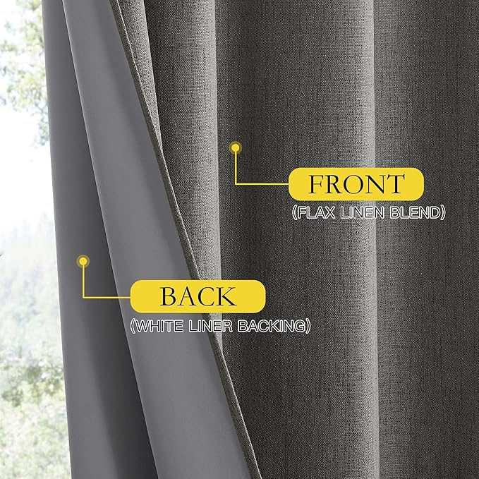 NICETOWN Grizzle Gray Vintage Linen 100% Blackout Curtains for Living Room, Thermal Insulated Curtains 45" Long, Noise Reducing Window Treatment Drapes for Hall Room, 52" Wide Per Panel, Set of 2