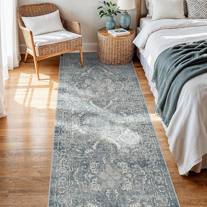 2x5 Washable Hallway Runner Rug - Non Slip Kitchen Runner Rugs with Rubber Backing Vintage Low-Pile Carpet Runners for Entryway Dining Room Laundry Room Home Decor (Blue)