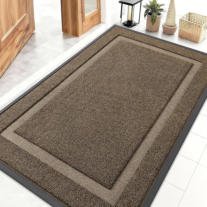 OLANLY Front Door Mat Indoor Outdoor Entrance, Waterproof All-Season, All-Weather Doormat, Sturdy Natural Rubber, Fade Resistant, Low Profile, Easy Clean Patio Porch Entryway Mat, 47x30, Brown