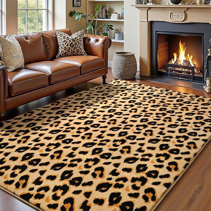 Amearea Soft Leopard Rugs for Bedroom Living Room, 4x6 Modern Cheetah Print Thickened Memory Foam Rug, Fluffy Indoor Washable Animal Rug Carpet for Kids Boys Girls Dorm Nursery Room Home Decor, Khaki