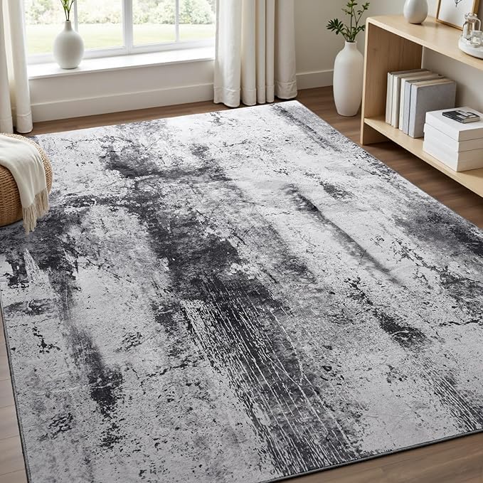 Toneed Abstract Area Rug Modern Washable Rug Soft Non Slip Rug Low Pile for Bedroom Living Room Dining Room Slate Grey 4x6 Feet