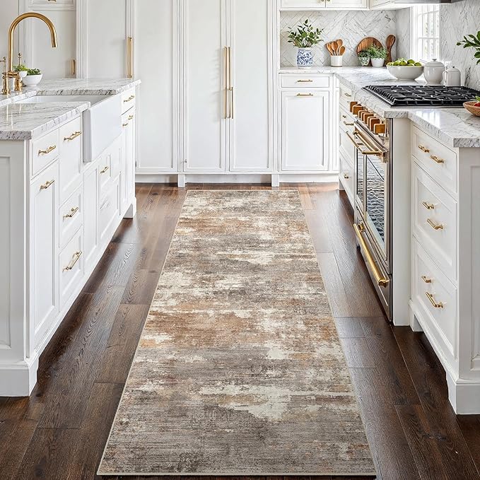 2'6''x8' Washable Kitchen Runner Rug: Modern Abstract Runners for Hallway Soft Non Slip Rugs with Rubber Backing Low Pile Thin Floor Carpet for Entryway Bedroom Bathroom Indoor(Brown/Brick,2'6''x8')