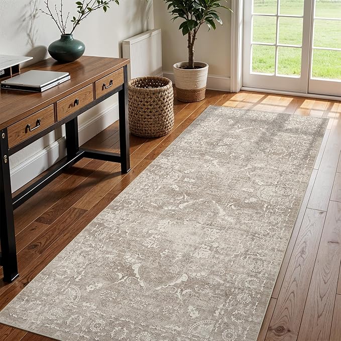 Washable 3x8 Runner Rug - Non-Slip Vintage Runner Rug for Entryway Low-Pile Medallion Long Rugs for Hallway Waterproof Traditional Runner Rug Indoor Thin Rug for Kitchen (Distressed Beige & Ivory)