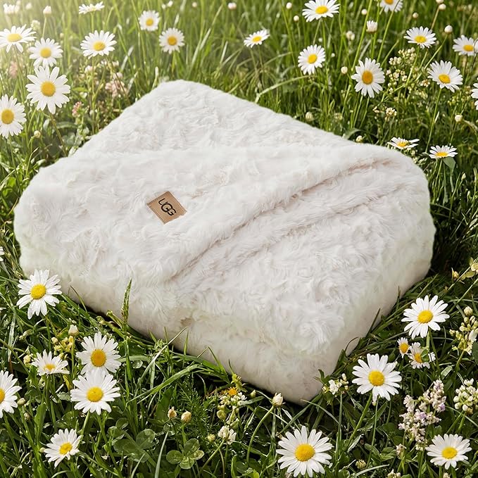 UGG Adalee Faux Fur Throw Blanket for Couch, Cozy Soft Blanket for Bed or Chair, Giftable Fluffy Throw, Machine Washable, Luxury Spring Home Decor, 50-inch x 70-inch, Natural White