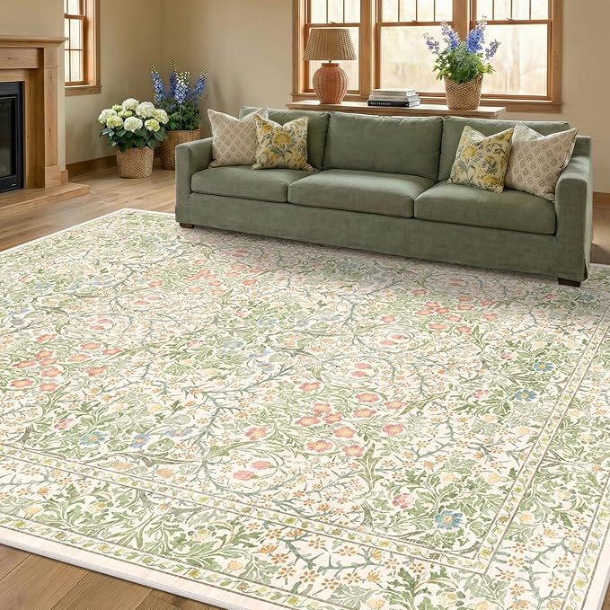 Beige Green 6x9 Washable Area Rugs for Dining Room, Nursery, Bedroom, Living Room, Kids Playroom, Ultra Soft Low Pile Non-Slip - Vintage Light Green Floral Indoor Carpet Stain Resistance