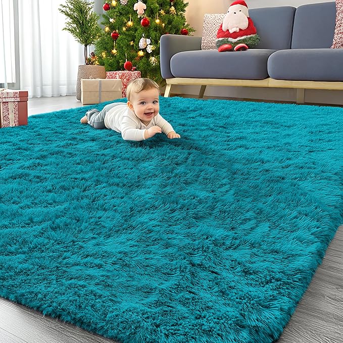 OLANLY 8x10 Machine Washable Large Area Rugs for Living Room, Bedroom, Soft Fluffy Shaggy Bedside Rug, Indoor Floor Carpet for Kids Girls and Boys, Dorms, Nursery, Home Decor Aesthetic, Teal