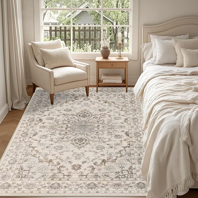 4x6 Area Rugs for Living Room: Washable Rug Soft Vintage Distressed Floral Carpet Indoor Floor Non-Slip Stain Resistant Large Carpets for Bedroom Dining Room Farmhouse Nursery Home Office Brown Beige