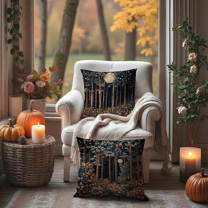 Vintage William Morris Moon Inspired Forest Decor Throw Pillow Covers 18x18 Set of 2,Rustic Botanical Nature Decorative Throw Pillow Covers for Home Bedroom Living Room