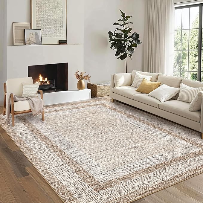 GarveeHome 9x12 Large Modern Brown Area Rug Distressed Bordered Rug Soft Non Shedding Floor Carpet, Geometric Rug, Washable Non Slip Rug, Low Pile Indoor Area Rug for Living Room, Bedroom