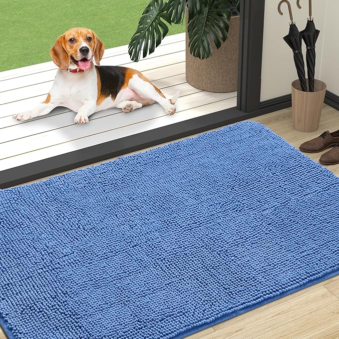 OLANLY Dog Door Mat for Muddy Paws 47x32, Absorbs Moisture and Dirt, Absorbent Non-Slip Washable Doormat, Quick Dry Chenille Mud Mat, Entry Indoor Entryway Carpet for Inside Floor, Cornflower Blue