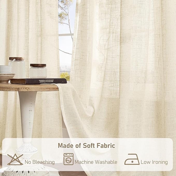 LAMIT Linen Curtains 63 Inch for Bedroom, Light Filtering Neutral Semi Sheer Window Curtains Back Tab and Rod Pocket Panels for Living Room, 2 Panels, Beige, 60 x 63 Inch